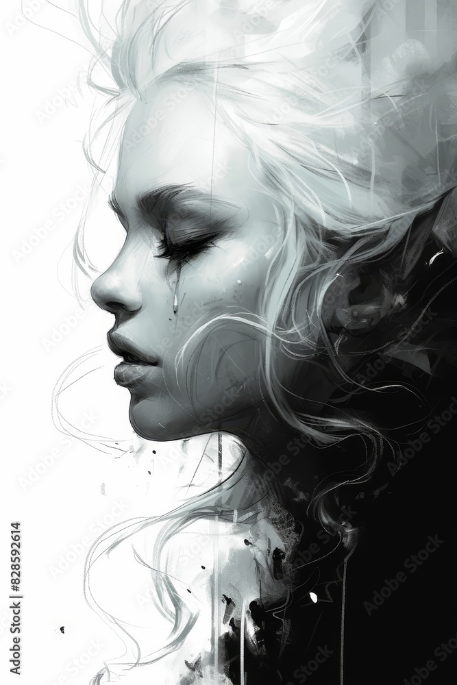 Black and white portrait of a woman with white hair and closed eyes, capturing emotional expression and artistic flair. Black and white portrait of a woman with white hair and closed eyes, capturing emotional expression and artistic flair.