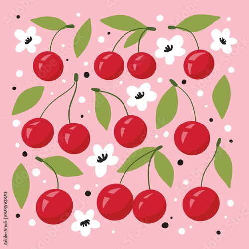 Cute funny cherry summer pattern. Vector illustration (ID: 828592820)