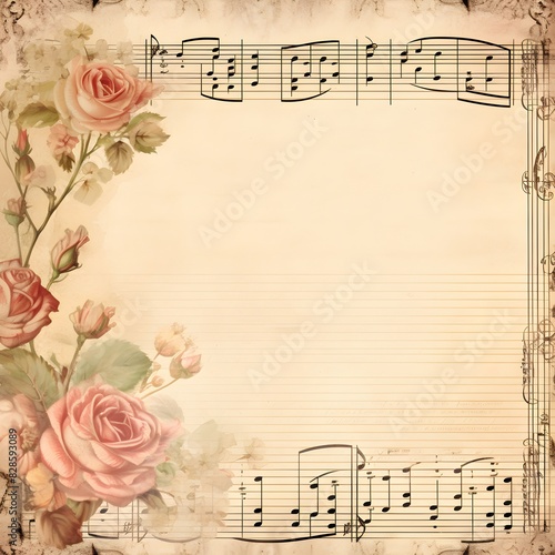 vintage background with rose and notes