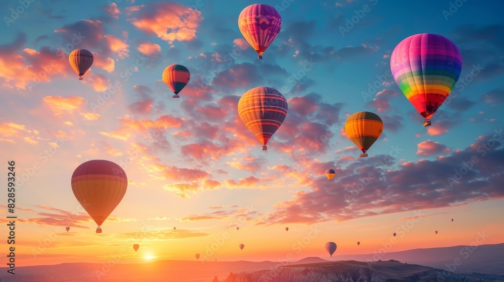 Obraz premium Colorful hot air balloons soaring in sunrise sky above cappadocia, stunning travel adventure view