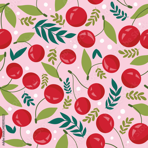 Cute funny cherry summer pattern. Vector illustration (ID: 828593222)