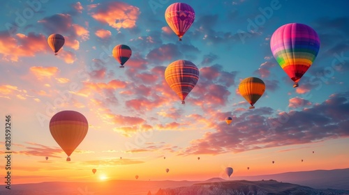 Colorful hot air balloons soaring in sunrise sky above cappadocia  stunning travel adventure view