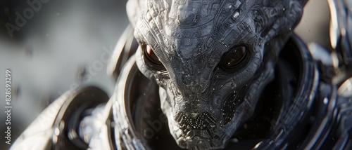 Alien creature in detailed armor with intense, otherworldly features, evoking a sense of mystery and advanced technology in an extraterrestrial setting.