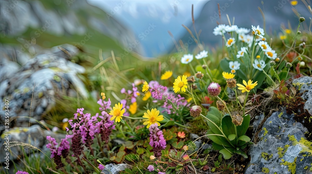 Obraz premium medicinal flowers grow against the background of mountains. selective focus