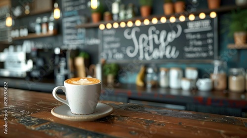 A cozy café scene with a latte art coffee on a rustic wooden counter