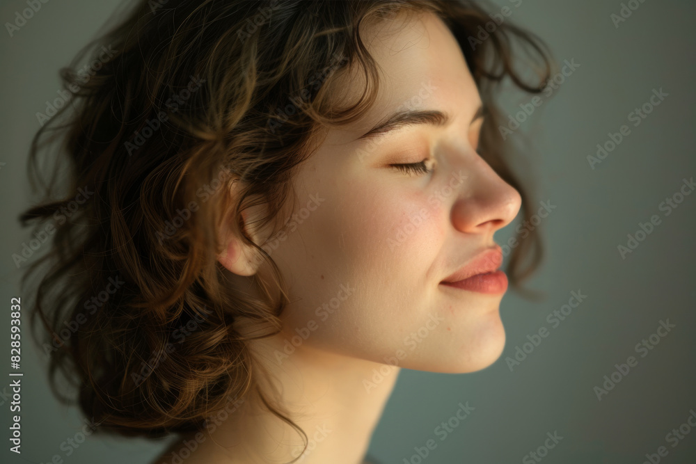 A close up of a woman's face with her eyes closed looking to a side A close up of a woman's face with her eyes closed looking to a side