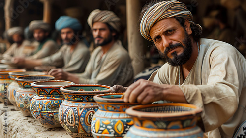 Prompt group of Indus civilisation artisans crafting pottery with intricate designs photo