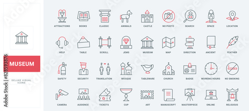 Museum ancient exhibit and service for tourist visit line icons set. Classic pillar, sculpture and painting, book and jewel, museum staff badge thin black and red outline symbols vector illustration