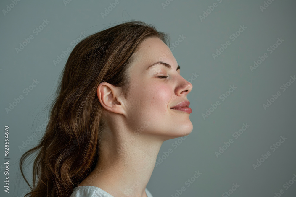 A close up of a woman's face with her eyes closed looking to a side A close up of a woman's face with her eyes closed looking to a side