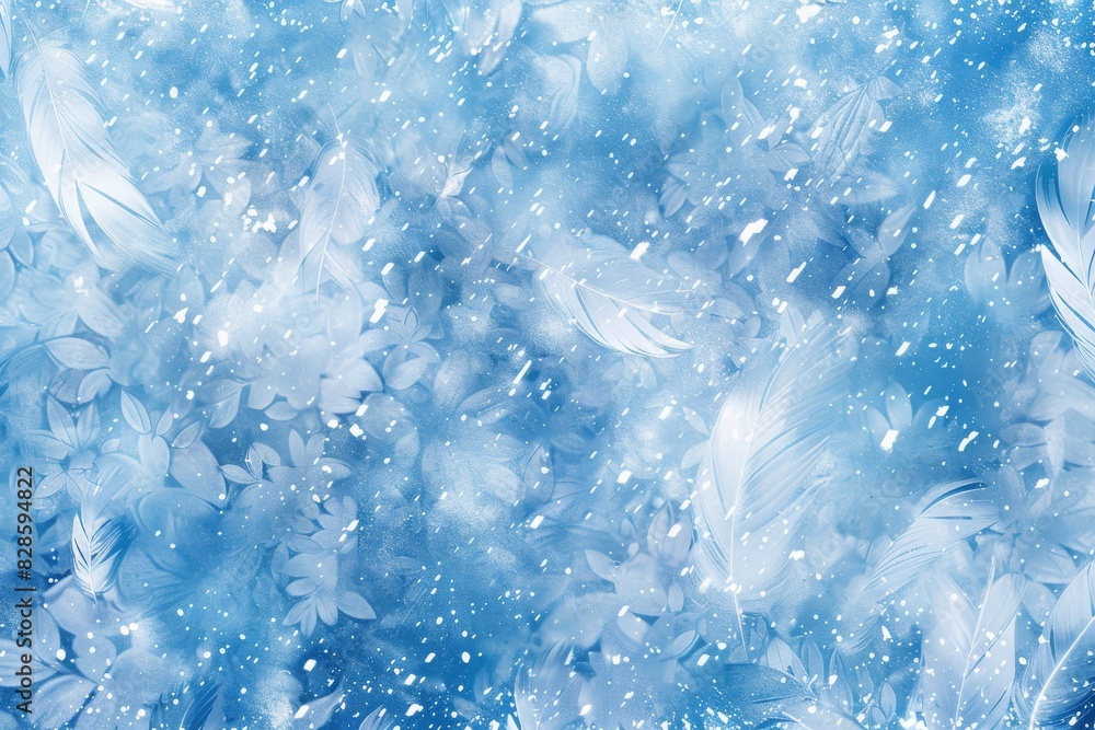 Ice pattern with feathers and snowflakes, icy blues and whites, ai generated