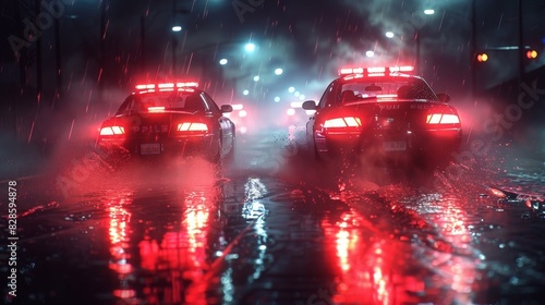 Realistic 3D rendered image of police cars with red and blue lights reflecting on wet street at night