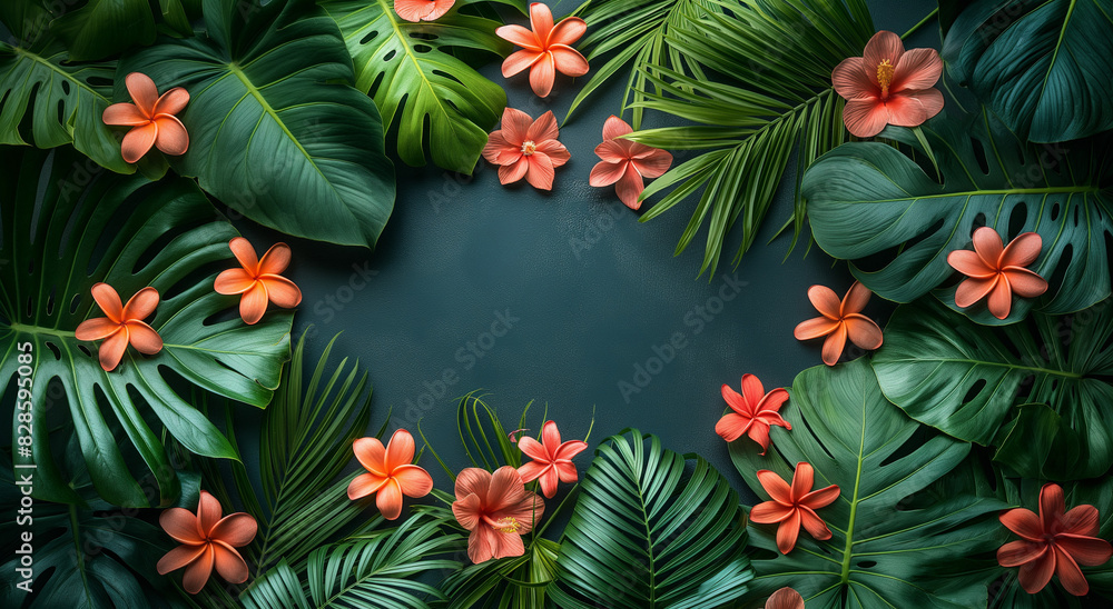 Tropical summer banner with leaves illustration on blue background Tropical summer banner with leaves illustration on blue background