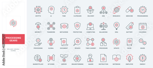 Gears in line icons set. Software update and programming, AI brainstorming, security and protection of ideas and time, employee instructions thin black and red outline symbols vector illustration