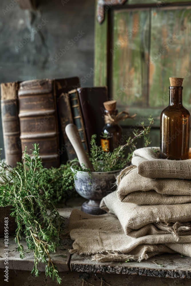 Fototapeta premium medicinal flowers and herbs on the book table. selective focus