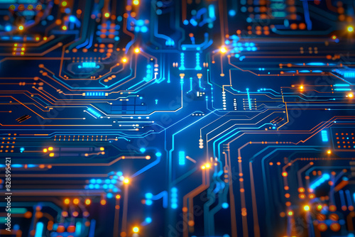 Wallpaper Mural A tight shot of a computer circuit board showcases blue and orange lights at its bottom edge Torontodigital.ca