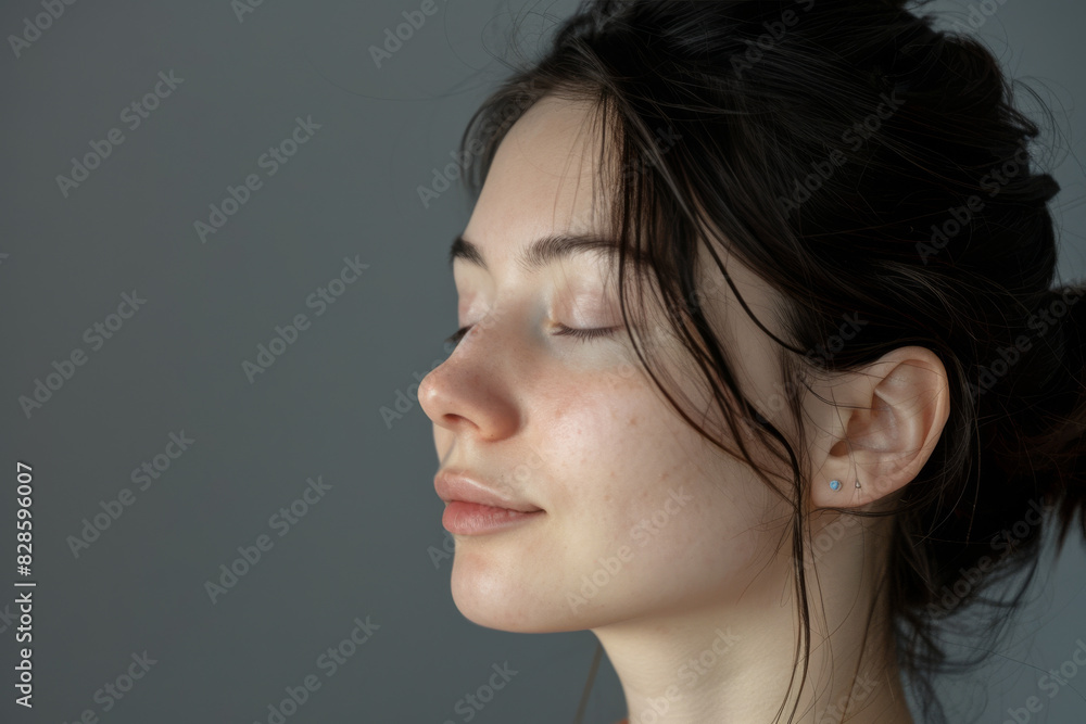 A close up of a woman's face with her eyes closed looking to a side A close up of a woman's face with her eyes closed looking to a side