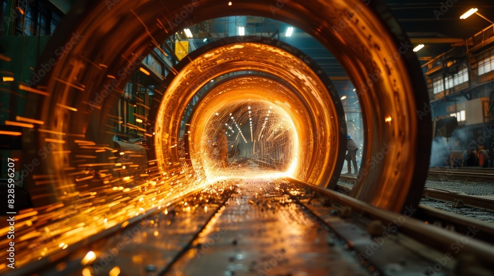 Dynamic view through a circular metal structure with sparks flying from welding in the background