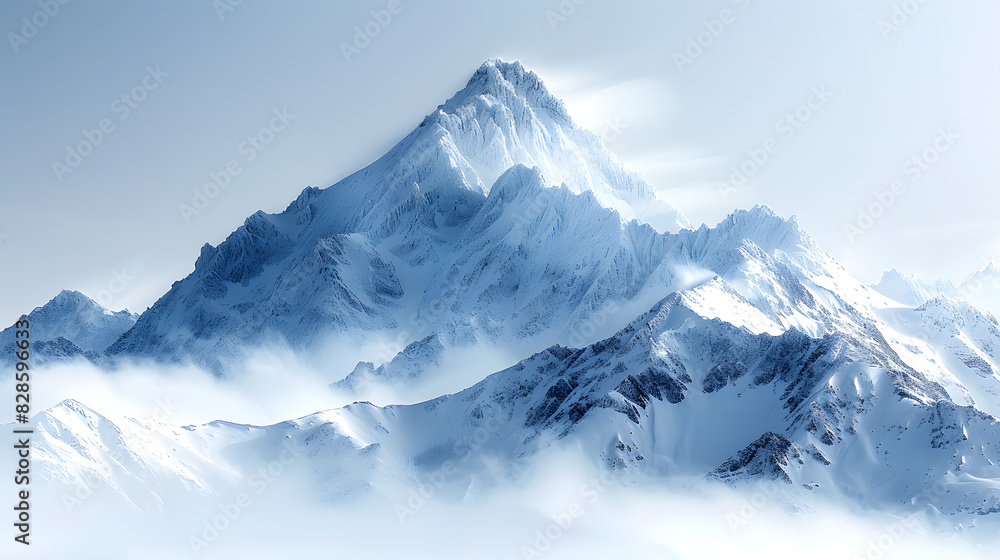 A majestic snow-covered mountain peak rises above a sea of clouds, creating a serene, breathtaking landscape capturing the essence of winter's beauty.