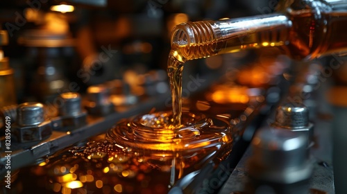 Close-up of golden engine oil being poured with parts of machinery visible in the blurred background
