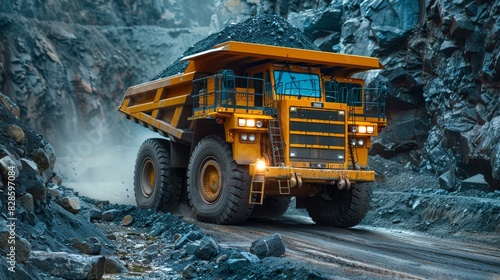 A large mining dump truck is in motion at a rock quarry, showcasing industrial might photo