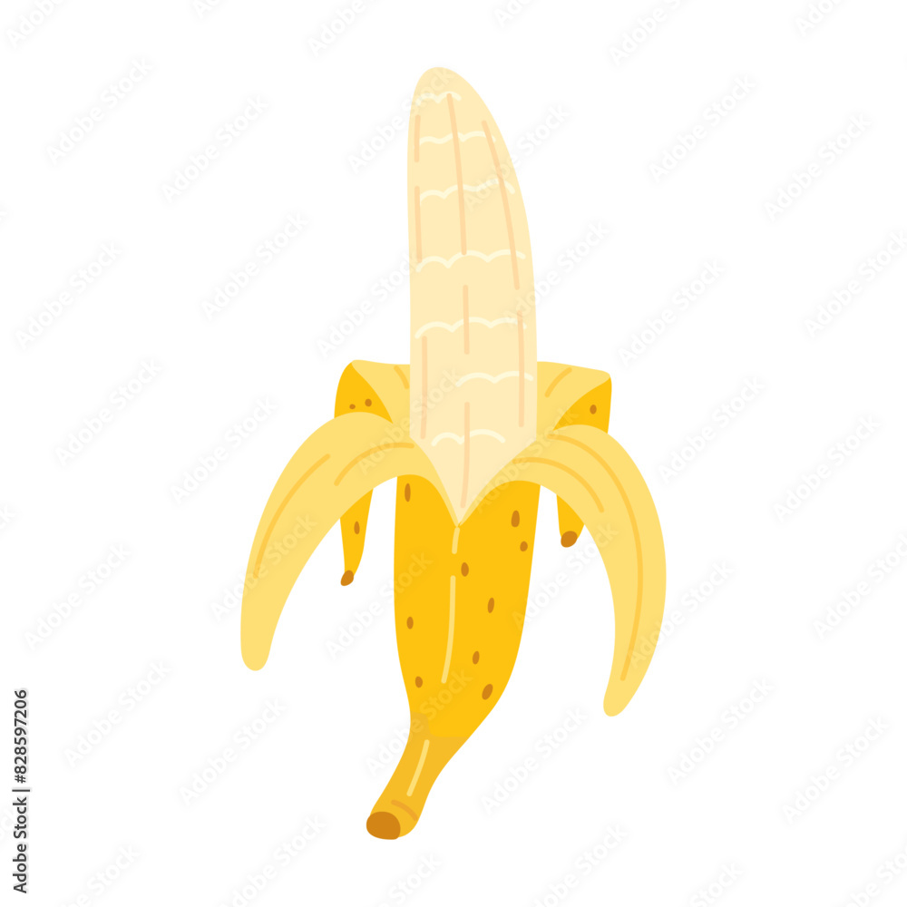 Cartoon Banana icon. Hand drawn ripe peeled banana, trendy flat style yellow fruit. Tropical fruit, banana snack or vegetarian nutrition. Isolated on white Vector illustration Cartoon Banana icon. Hand drawn ripe peeled banana, trendy flat style yellow fruit. Tropical fruit, banana snack or vegetarian nutrition. Isolated on white Vector illustration