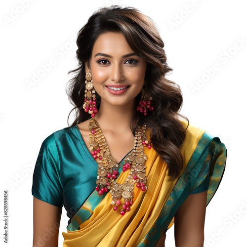 Front view mid shot of a beautiful Indian woman wearing a sunny yellow and turquoise silk saree, adorned with statement necklace, smiling on a white transparent background photo