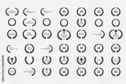 
A collection of logo icons featuring award winner emblems with black laurel wreaths. This set includes vector designs for the Best Feature Film or Motion Picture nomination and winner in movie awards