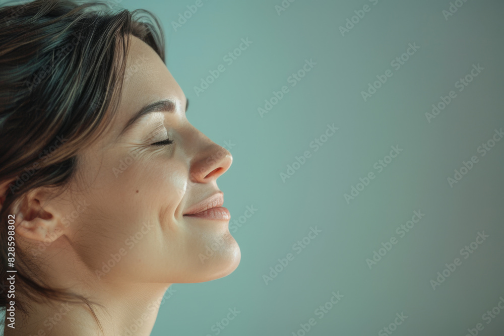 A close up of a woman's face with her eyes closed looking to a side A close up of a woman's face with her eyes closed looking to a side