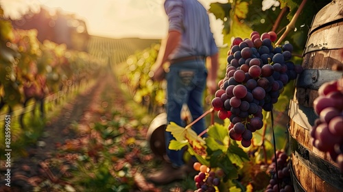 a man in a field of grapes and a wooden barrel. Selective focus photo