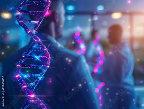 Scientists examining glowing DNA strands in a high-tech laboratory, surrounded by holographic data and futuristic technology.