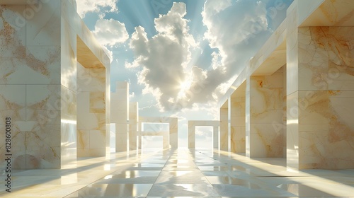 Marble columns bathed in sunlight create a futuristic corridor