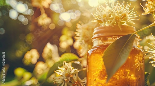 close-up of a jar of honey with linden. Selective focus