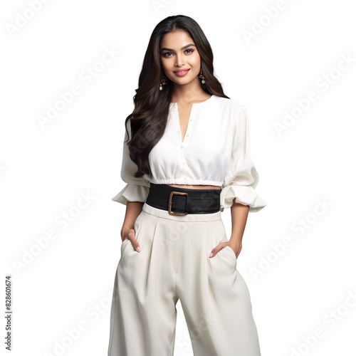 front view mid body shot of a beautiful Indian woman dressed in a classic white peplum blouse and a black wide-legged trouser, smiling on a white transparent background photo