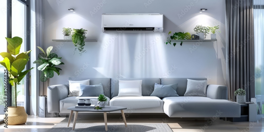 A modern living room with an air conditioner hanging on the wall, a grey sofa and plants in front of it. A modern living room with an air conditioner hanging on the wall, a grey sofa and plants in front of it.