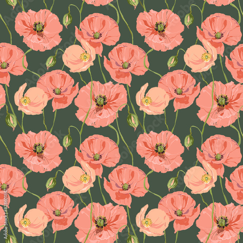 Wallpaper Mural Watercolor abstract seamless pattern of poppies. Hand drawn wildflowers isolated on dark green background. Holiday Illustration for design, print, fabric or background. Torontodigital.ca
