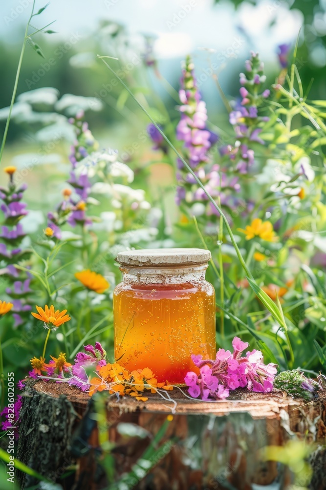 close-up of a jar of honey from medicinal flowers. Selective focus close-up of a jar of honey from medicinal flowers. Selective focus