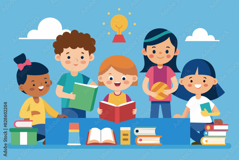 creative banner of school kids discussing with books in classroom. Back to school creative banner of school kids discussing with books in classroom. Back to school