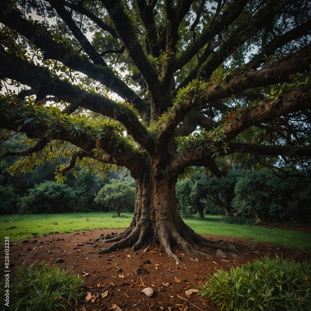 Obraz premium a tree with many years of life that gives leaves as if they were notes planted in a forest like Fanal on the island of Madeira generative ai 