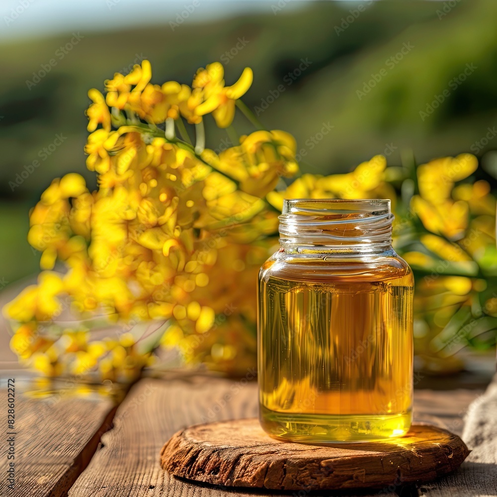 close-up of a can of rapeseed honey. Selective focus close-up of a can of rapeseed honey. Selective focus