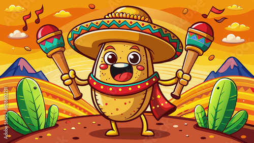 
Cute Burrito in mexican hat sombrero and maracas pop art. Cartoon food character on pale yellow background