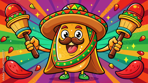 Burrito in mexican hat sombrero and maracas pop art. Cartoon food character 