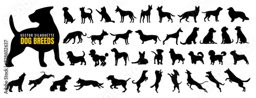 Vector set of different dog breed silhouette isolated on white background. American puppy or pet animal clip art. Wild dog doodle sketch or line art. Black dog different funny activity symbol or icon.