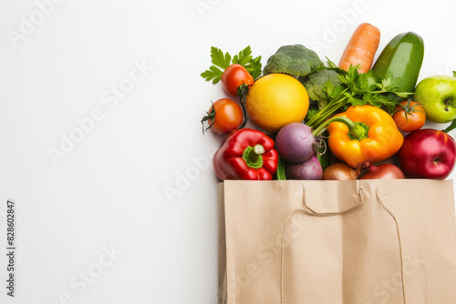 Healthy food background. Healthy food in paper bag vegetables and fruits on white. Food delivery  shopping food supermarket concept