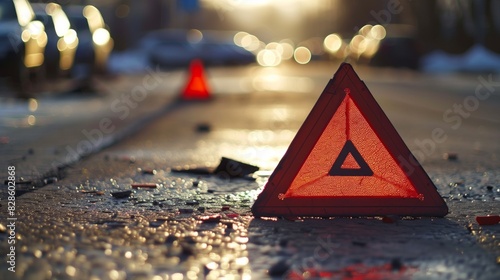 Road Accident: Close-Up of Emergency Triangle in Front of Car photo