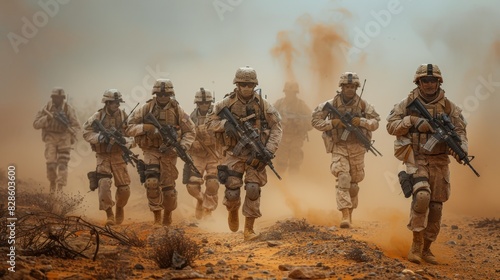 Several soldiers in combat gear run through a desert environment with dust and smoke filling the air