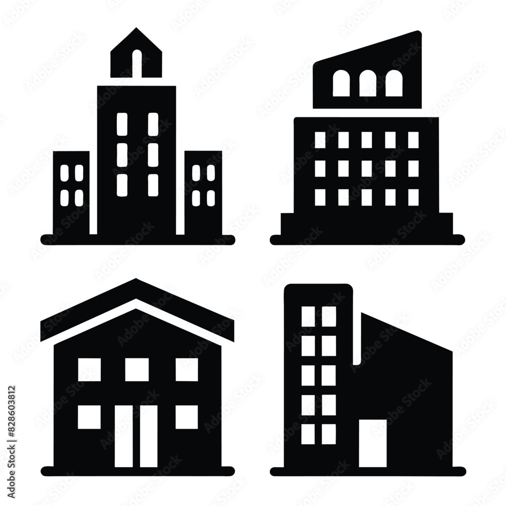 Set of Office building different style icon set black vector on white background