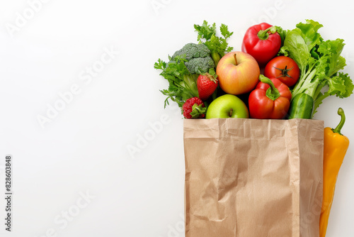 Healthy food background. Healthy food in paper bag vegetables and fruits on white. Food delivery  shopping food supermarket concept