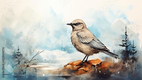 A striking side view of an Arctic Skua, captured in watercolors with intricate details and a soft, snowy background photo