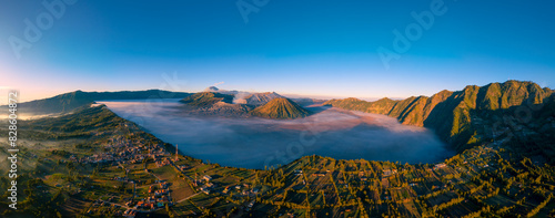 Fotografie Aerial panorama view of Bromo volcano (Gunung Bromo) in the morning at Bromo Tengger Semeru National Park, East Java, Indonesia