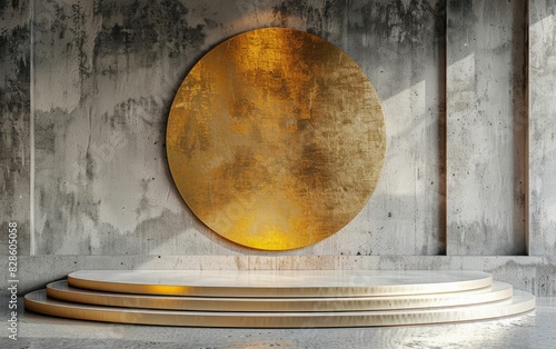 Golden circle art piece on a weathered gray wall with tiered platform below